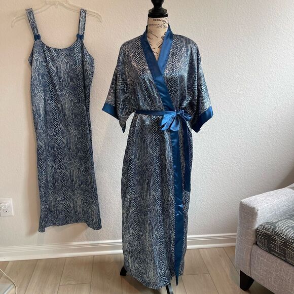 Contessa Di Roma Small Blue Snake Skin Print Slip Dress & Robe 2 Piece Sleepwear - Picture 1 of 9